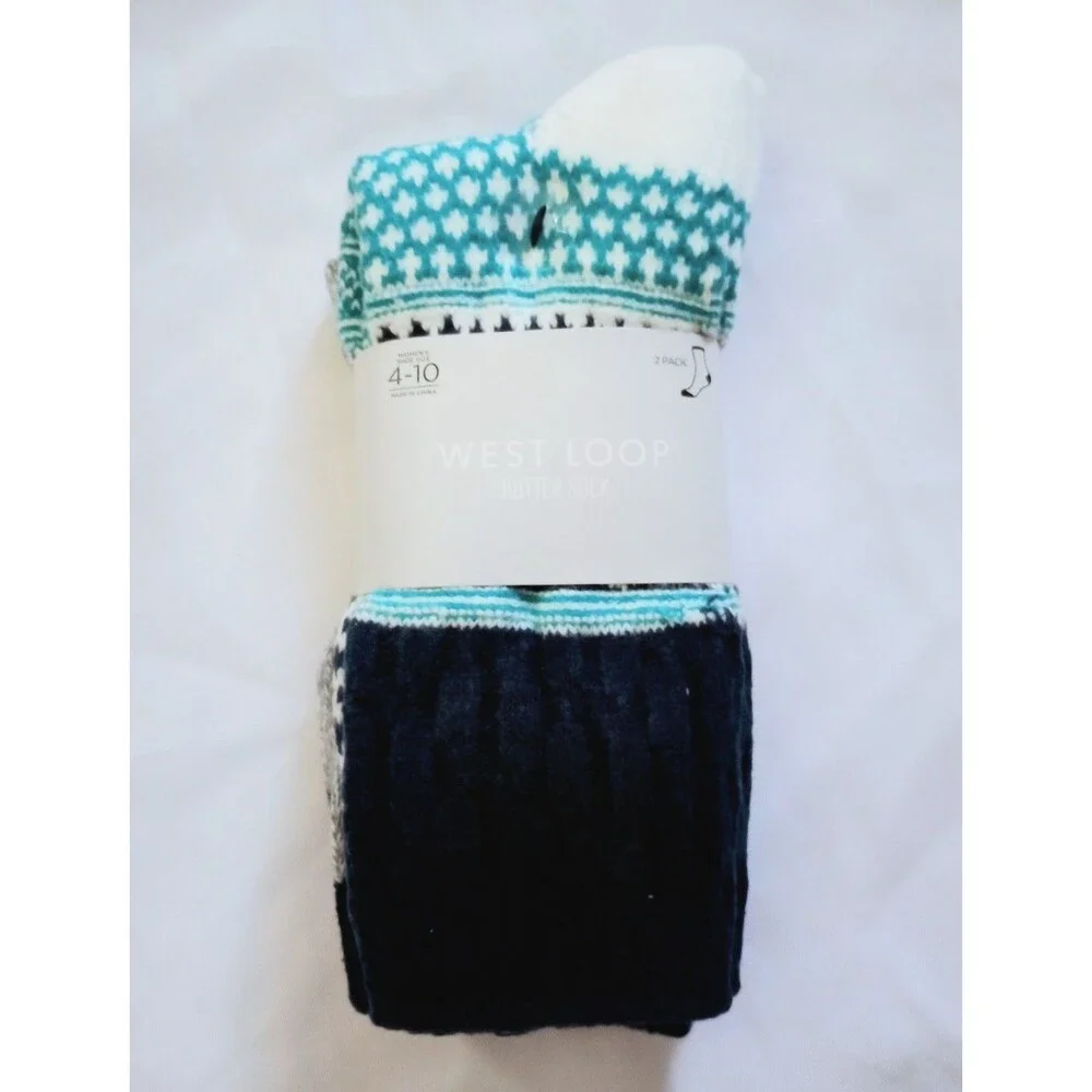NWT West Loop Butter Socks 2pair sz 4-10 Womens Green Blue Patterned Crew